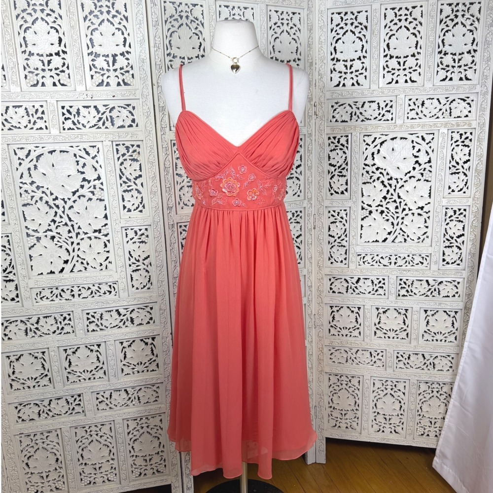 Davids Bridal Coral Pink Formal Dress Sz Small Fairy V Neck Coquette‎ Sequin